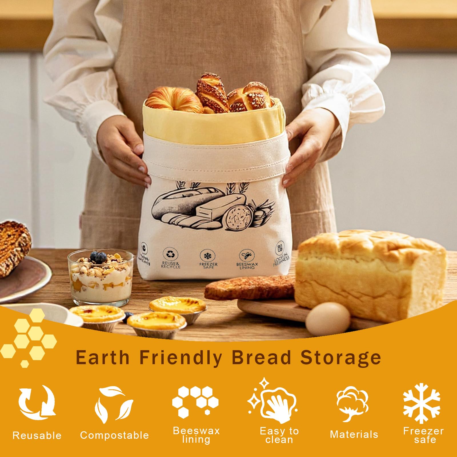 NANYI bread bag close-up reveals breathable beeswax lining.
