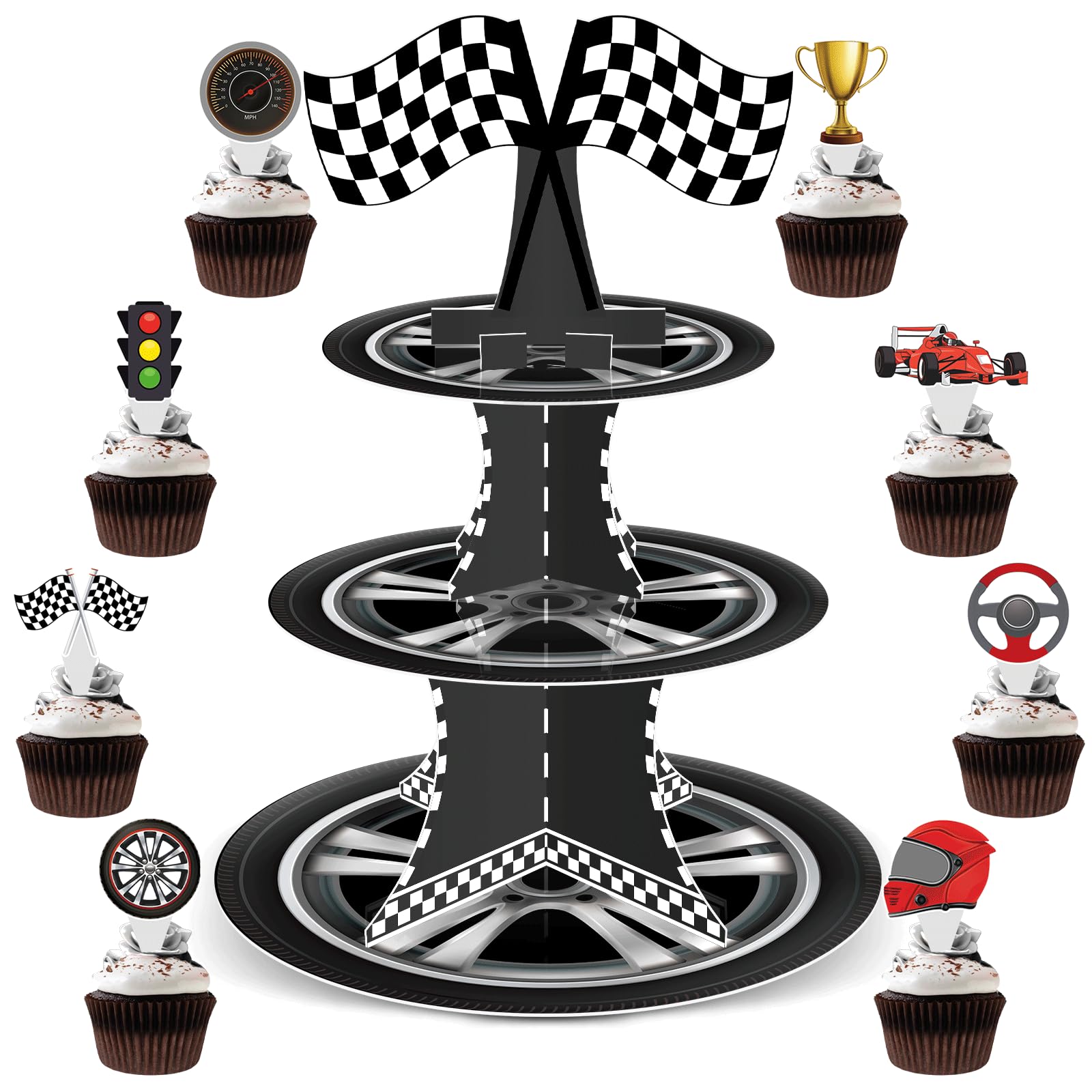 Naozinebi 3-tier race car cupcake stand front view for desserts