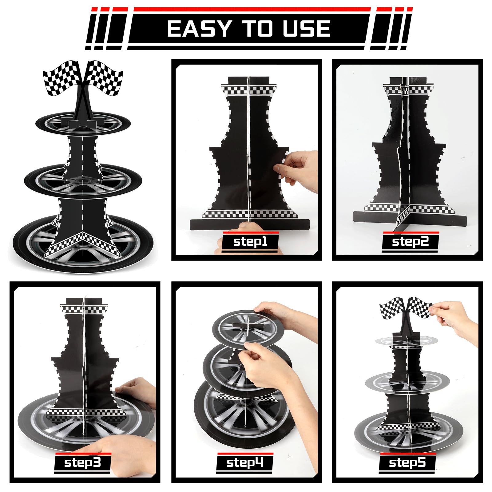 Naozinebi race car cupcake stand top view with toppers