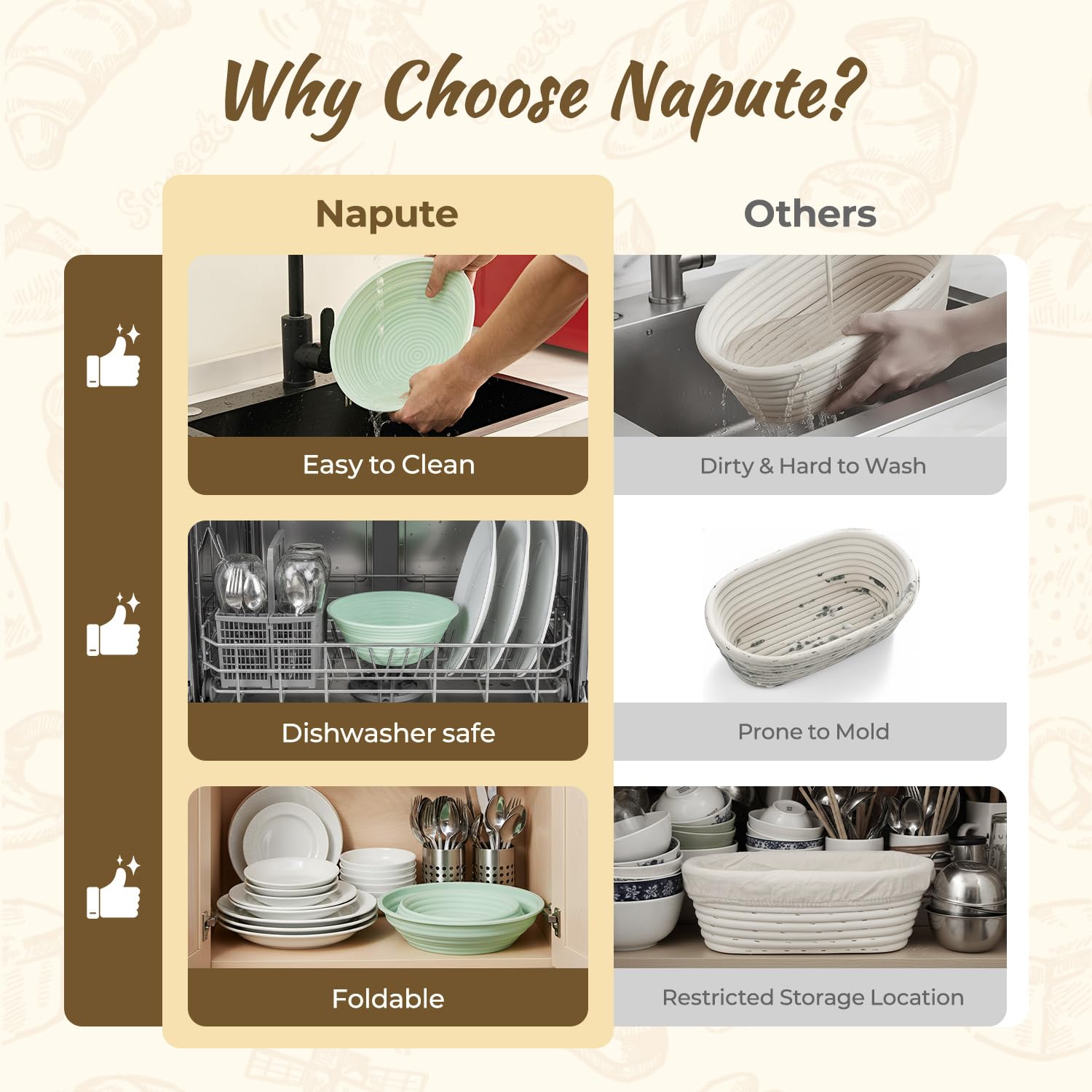 Napute pastry brush for even flouring and dough shaping.