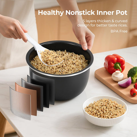 Narcissus 3.5-Cup Rice Cooker in use shows multi-function cooking.