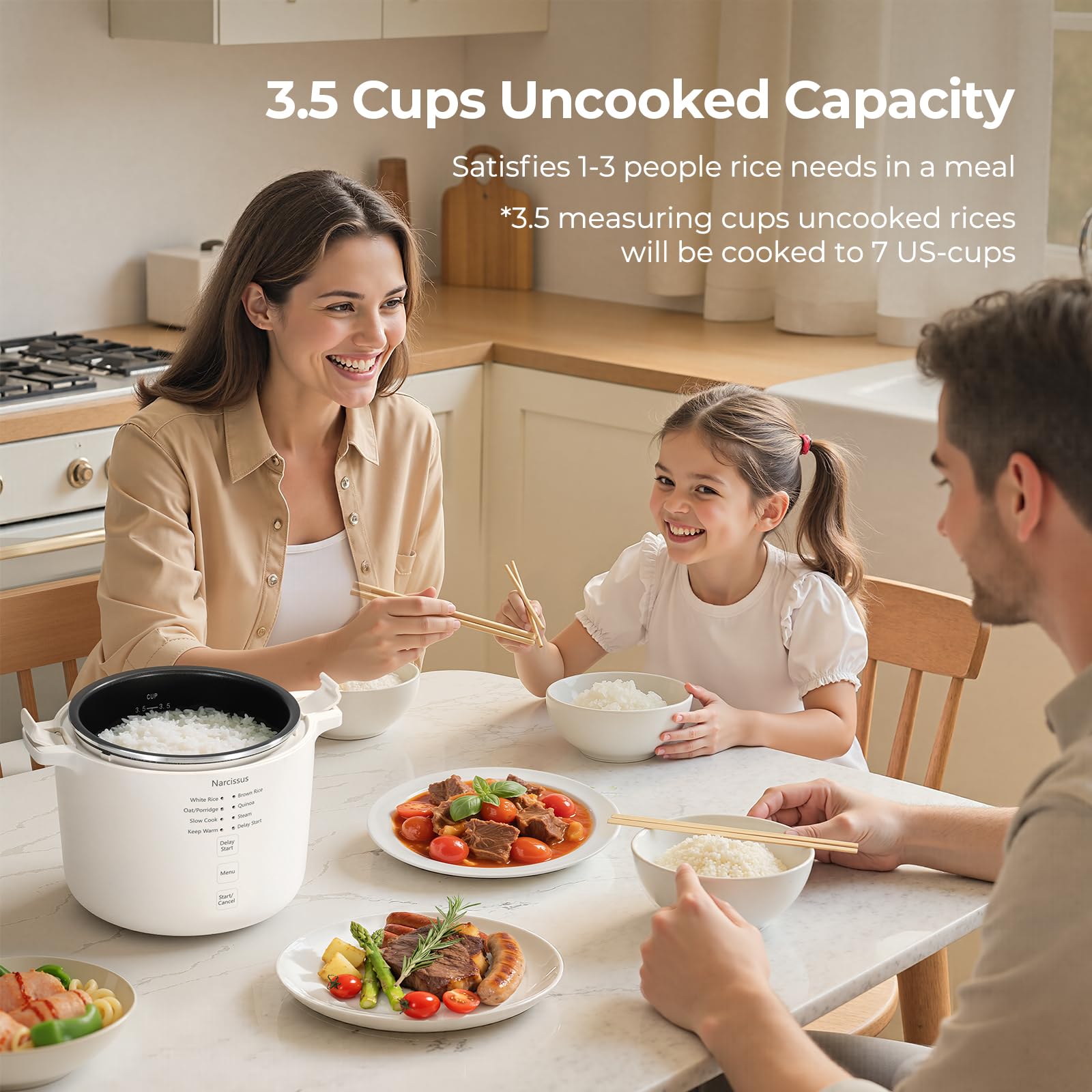 Narcissus 3.5-Cup Rice Cooker with measuring cup for precise portions.