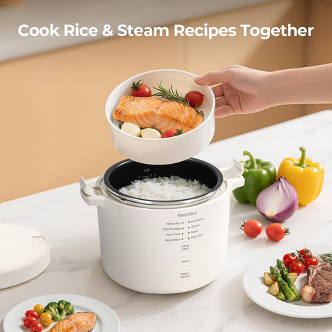 Narcissus 3.5-Cup Rice Cooker with serving spatula for easy serving.