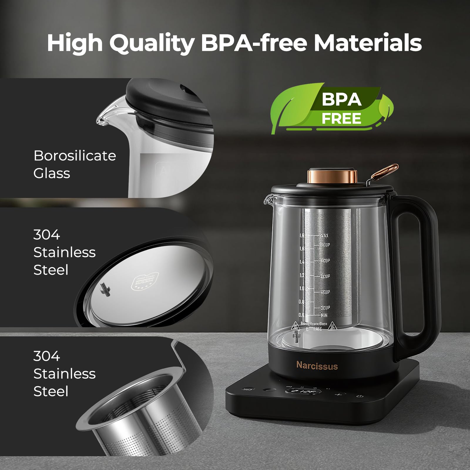 Narcissus cordless kettle with 360-degree base for easy pouring.