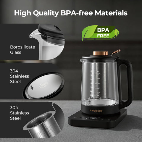 Narcissus cordless kettle with 360-degree base for easy pouring.