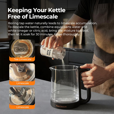 Narcissus kettle features auto shut-off and boil-dry protection for safety.