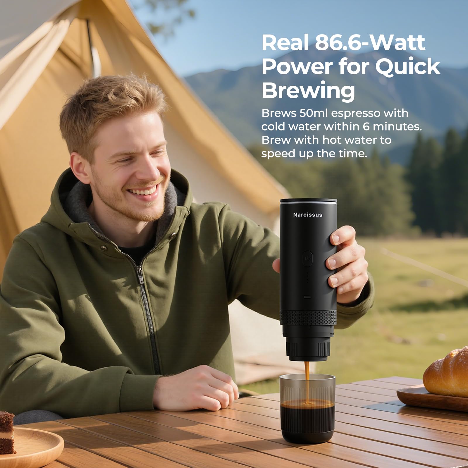 Narcissus brewing espresso at 195°F for robust flavor on the go