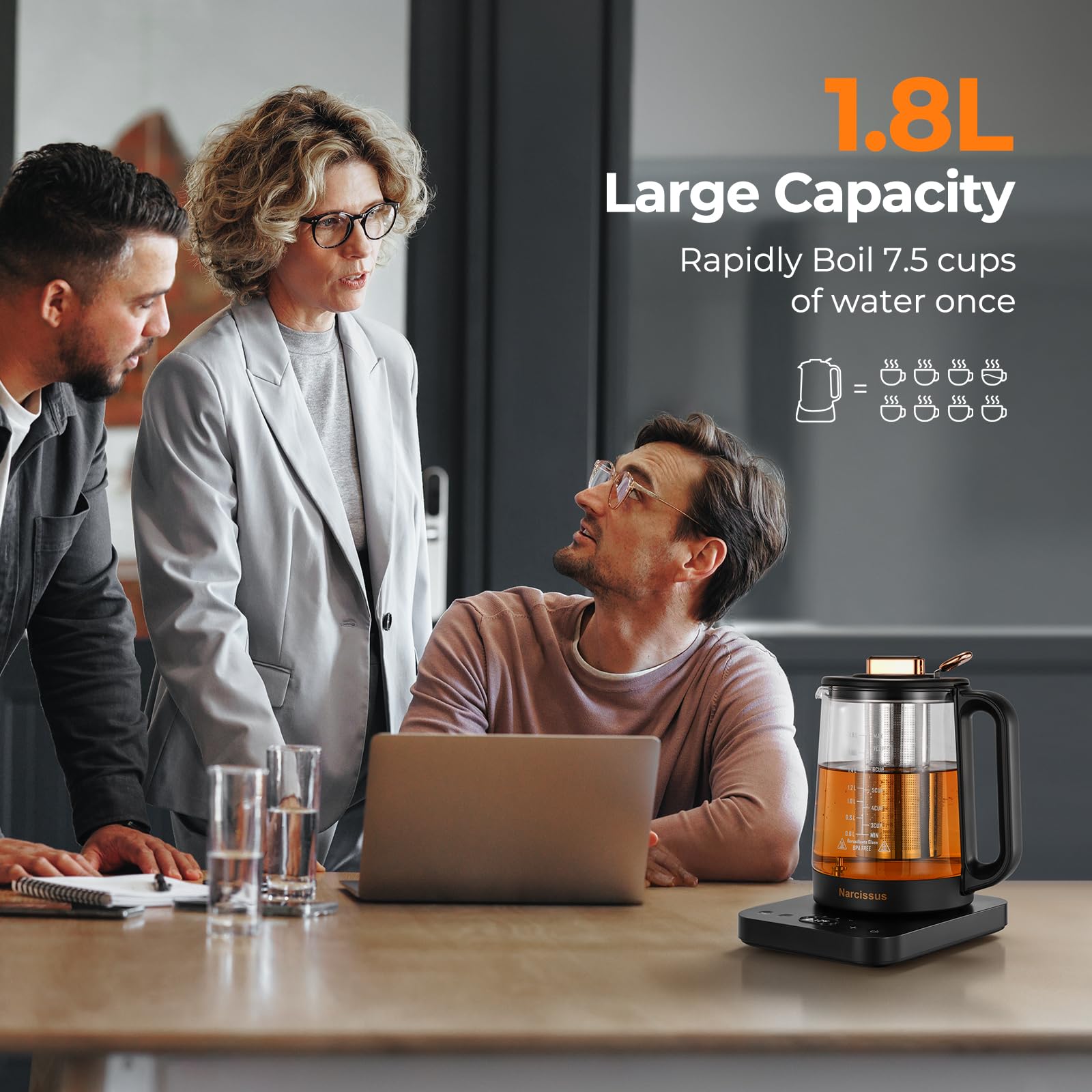 Narcissus glass kettle with 1.8L capacity for multiple cups.