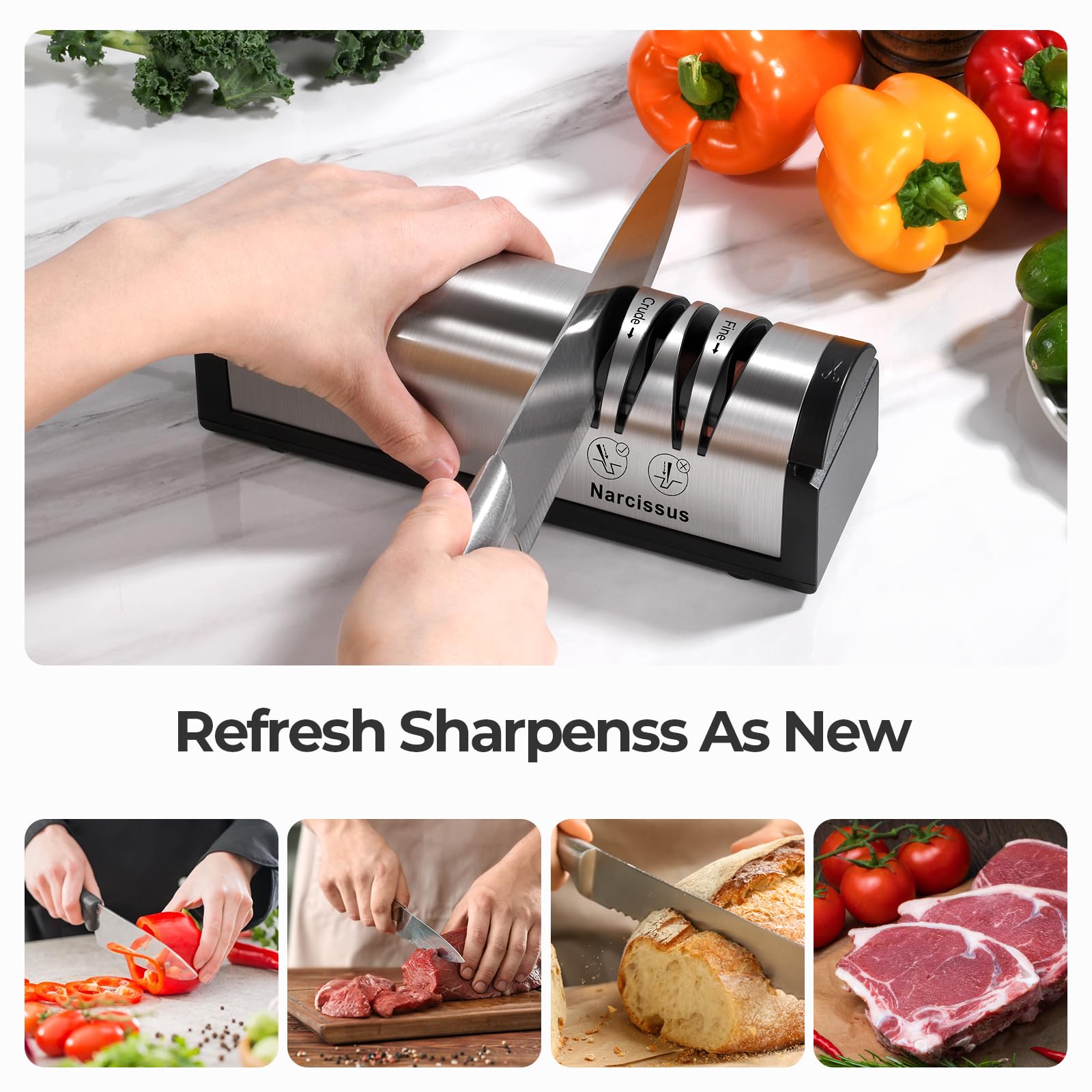 Narcissus knife sharpener 2-stage finish sharpening for burr-free edge.