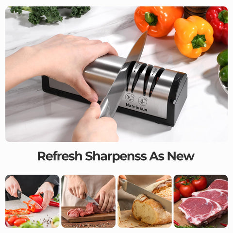 Narcissus knife sharpener 2-stage finish sharpening for burr-free edge.