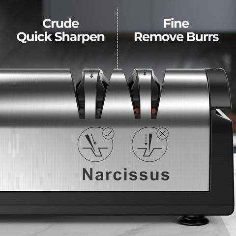 Narcissus knife sharpener dust-collection box keeps workspace clean.