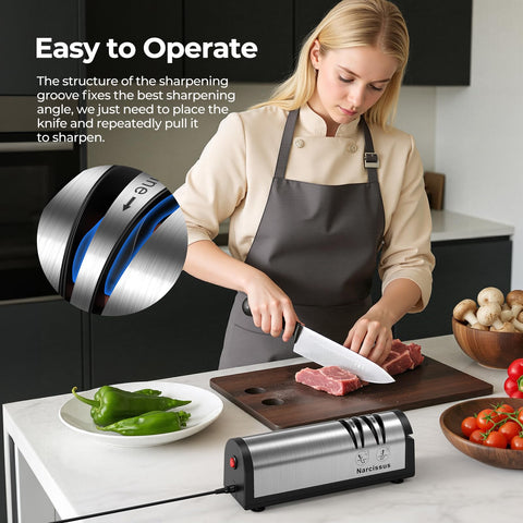 Narcissus knife sharpener 100-240V worldwide voltage for global kitchens.