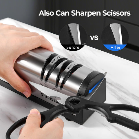 Narcissus knife sharpener stainless steel body withstands daily use.