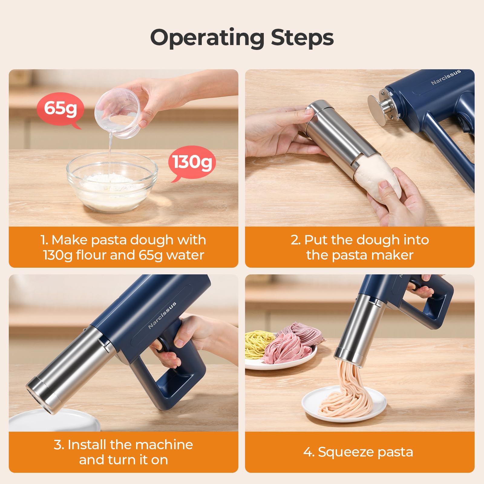 Narcissus pasta maker 4000mAh battery powers on-the-go pasta pressing