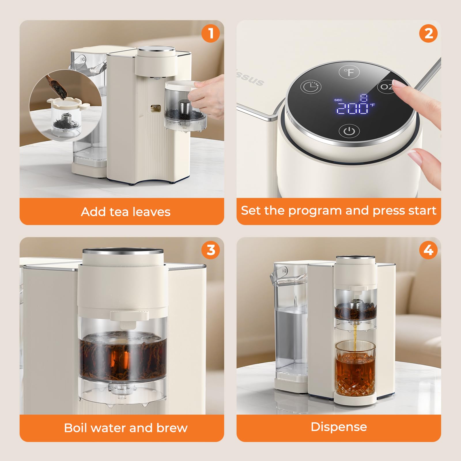 Narcissus T20 Tea Master Machine dispensing hot water, fast 8 oz in about 50 seconds.