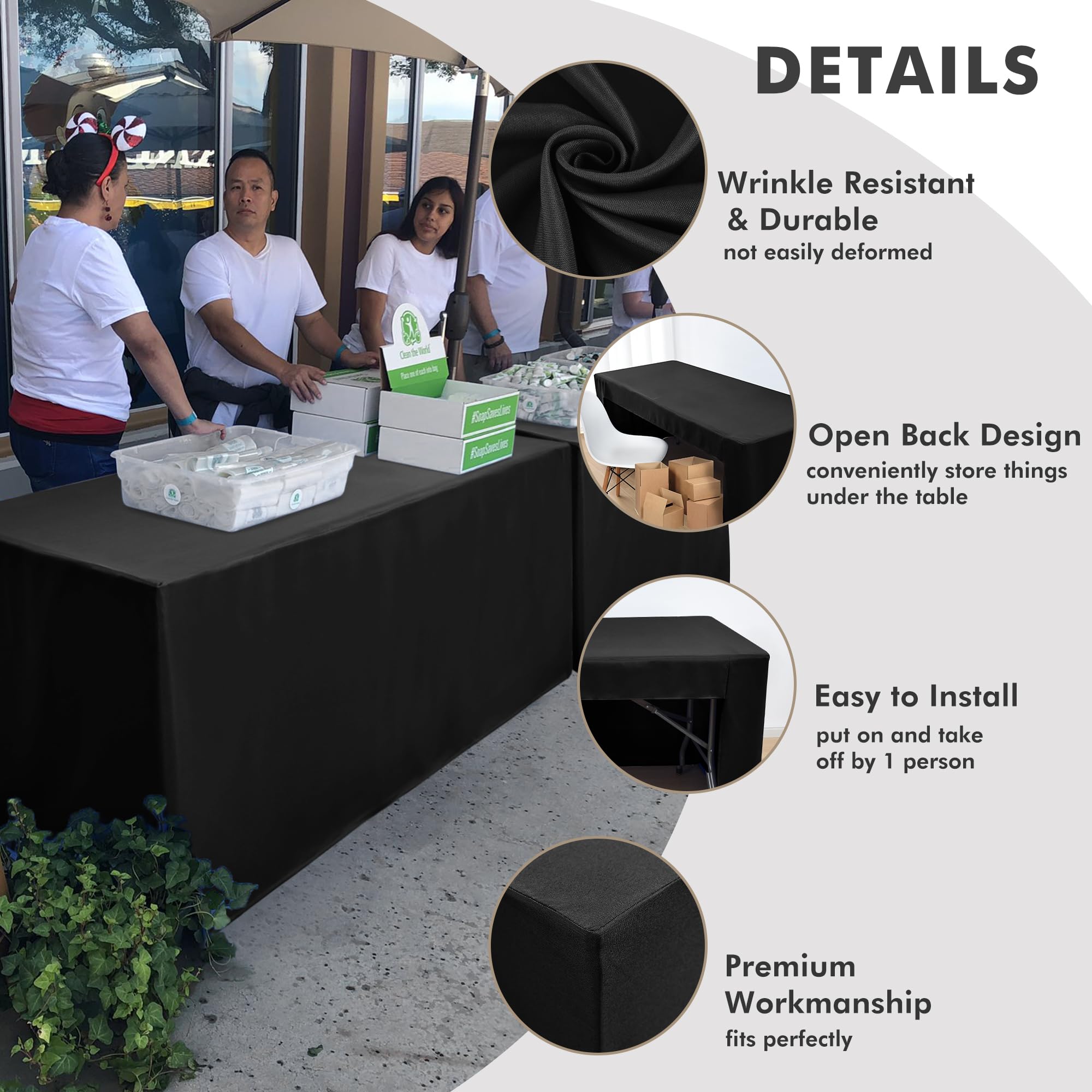 Nasitos black 4 ft tablecloth, side view showing wrinkle-resistant fabric