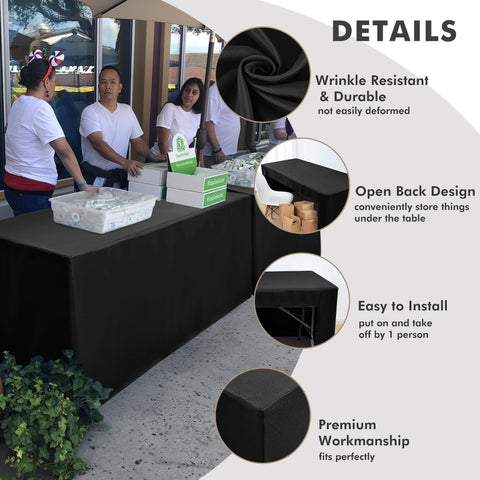 Nasitos black 4 ft tablecloth, side view showing wrinkle-resistant fabric