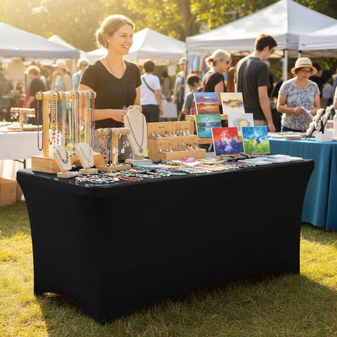 Nasitos black 4-foot table cover hides front and sides for a clean display.