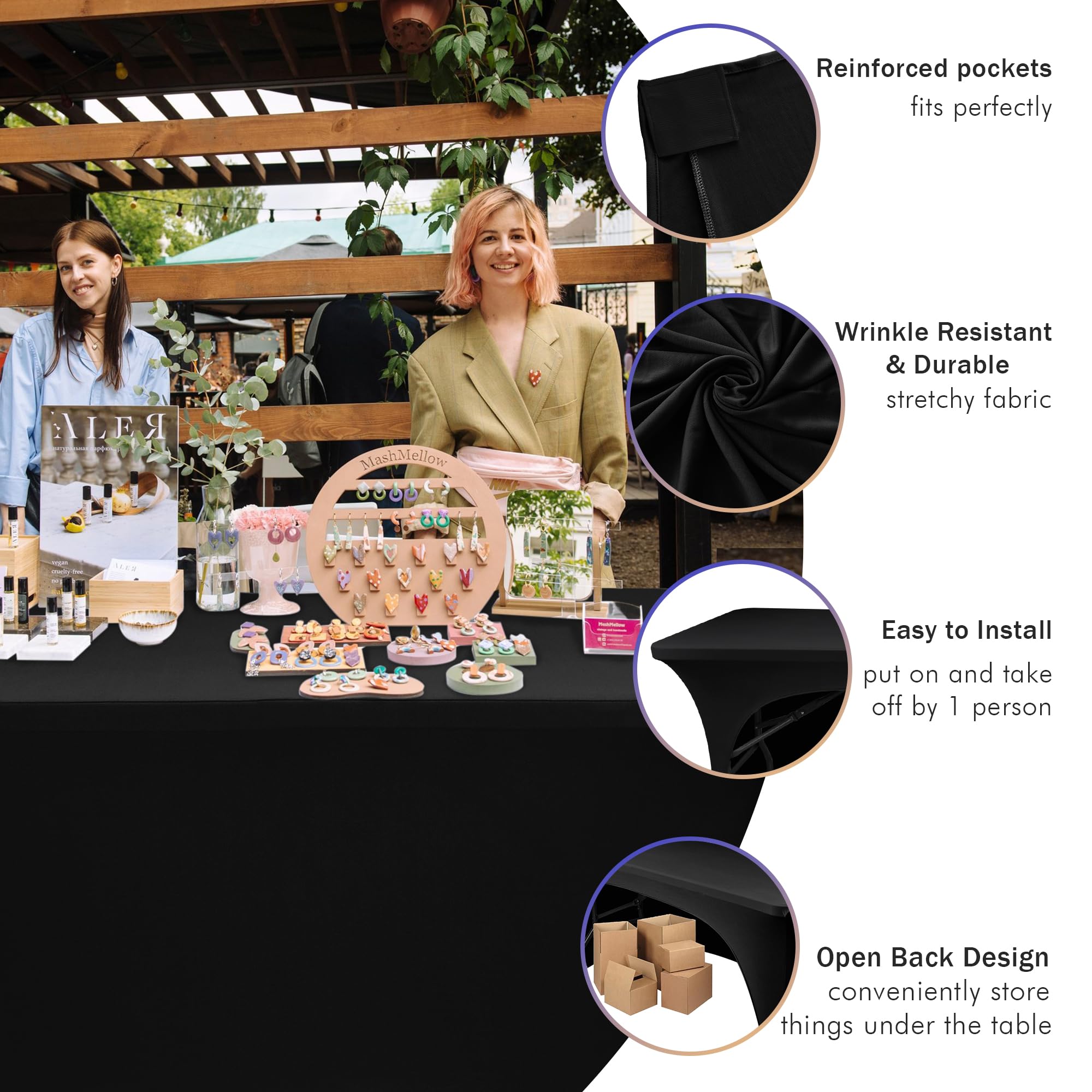 Nasitos 3-sided fitted tablecover provides a neat professional look for 4ft tables.