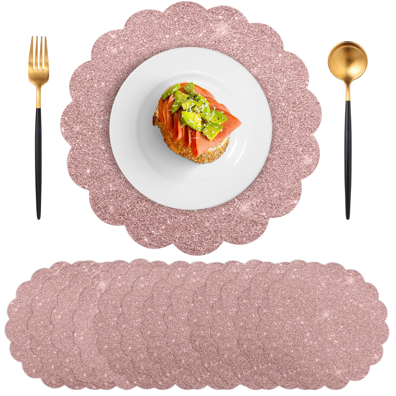 NatNarr 60 pcs rose gold glitter placemats on table showing festive sparkle and coverage