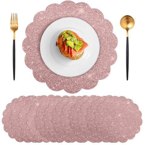 NatNarr 60 pcs rose gold glitter placemats on table showing festive sparkle and coverage