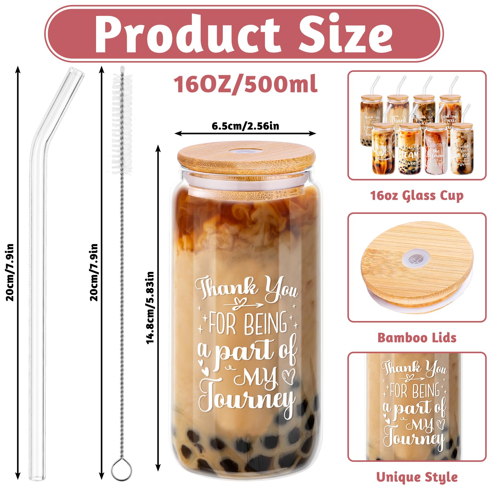 NatNarr eight-piece glass set with lids and straws, perfect for coworker appreciation gifts.