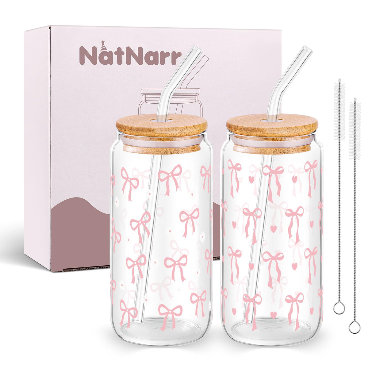 NatNarr Coquette bow glass 16oz with lid and straw, ideal for stylish iced coffee.