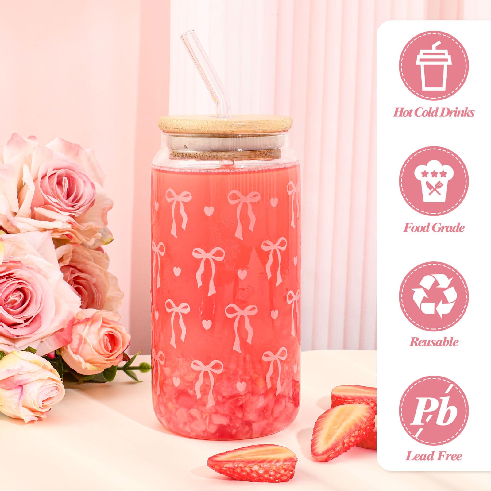 NatNarr Coquette 16oz glass cup, durable daily use.