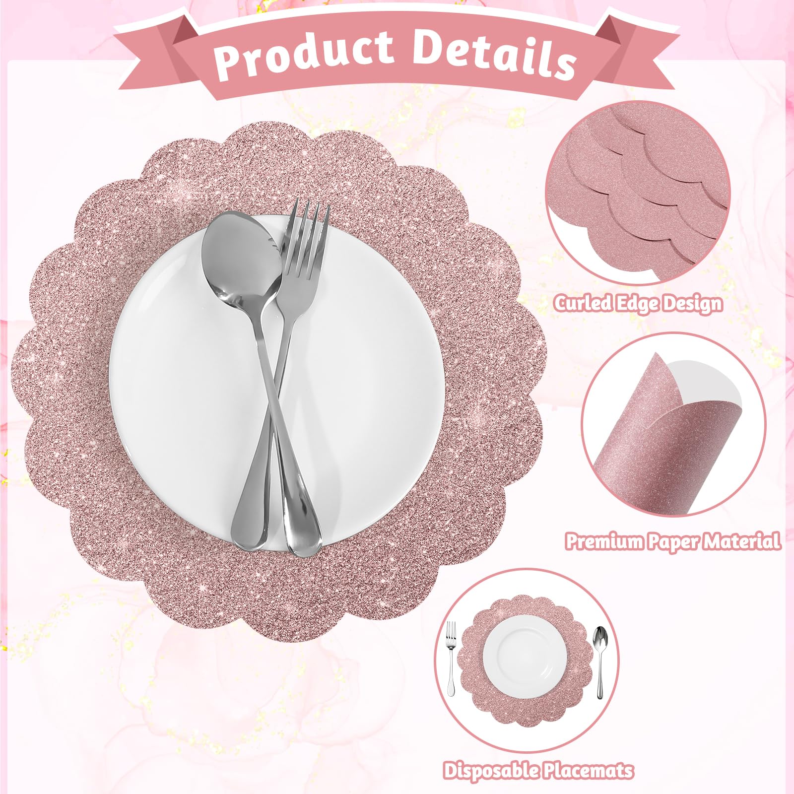 NatNarr rose gold glitter placemats used in wedding decor setup