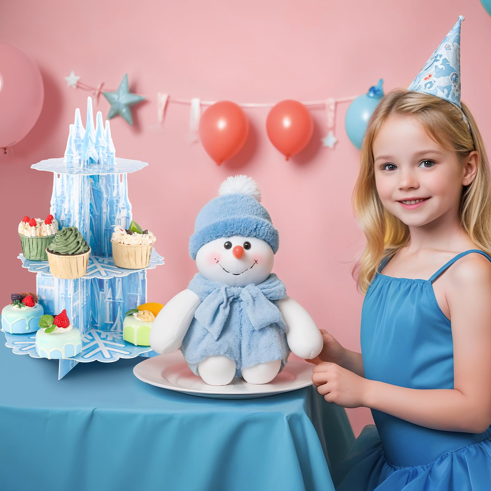 NatNarr winter wonderland dessert stand atop a festive table