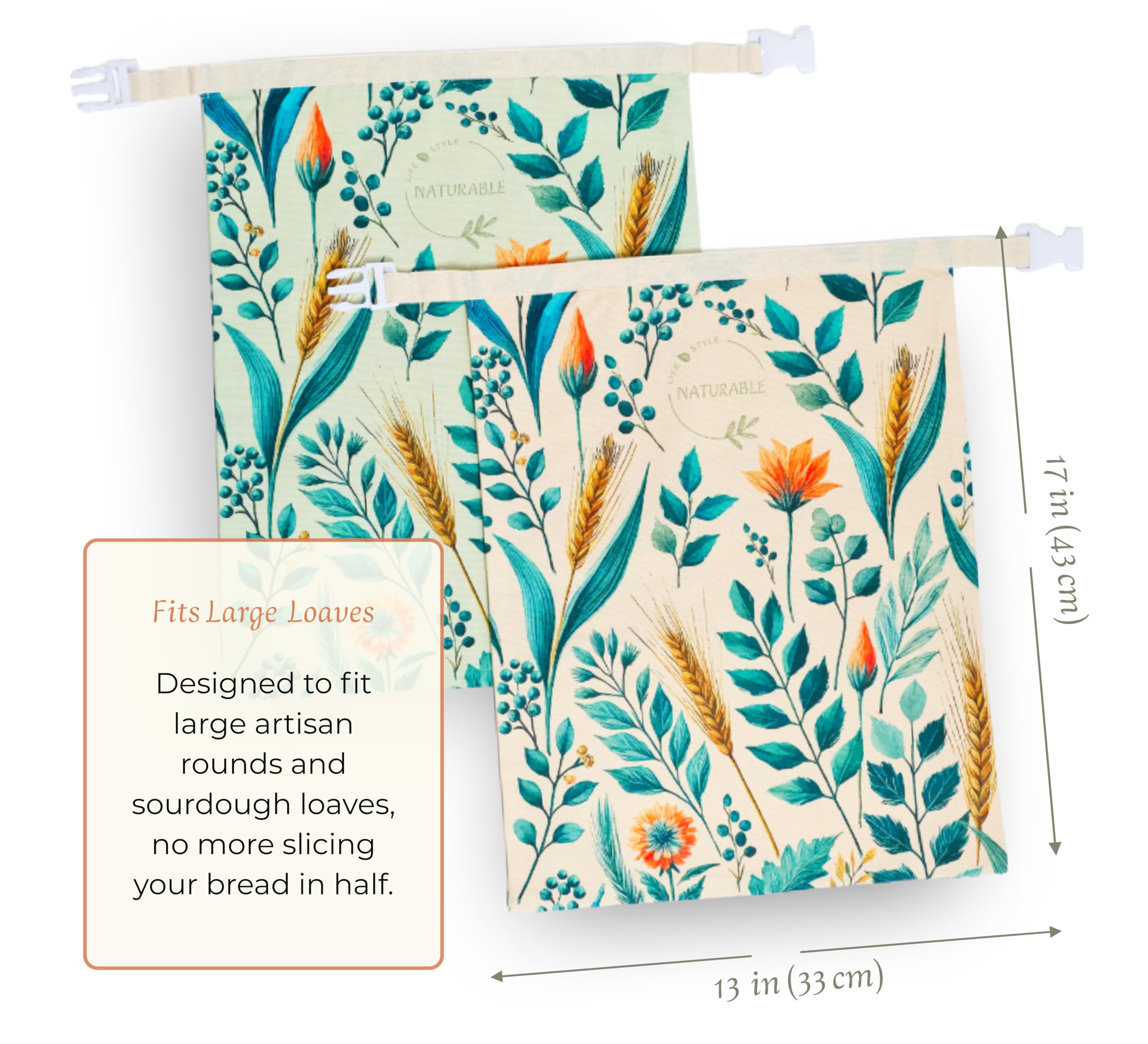 NATURABLE beeswax bread bag 13x17 loaf inside promotes moisture balance while reducing waste
