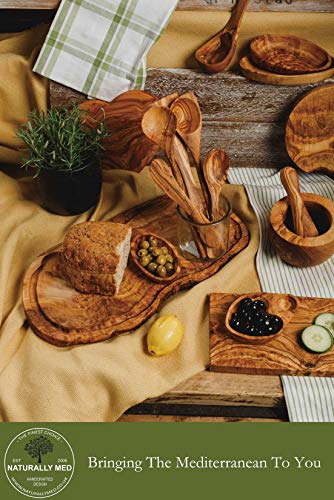 Naturally Med olive wood board edge view showing thickness and durability.