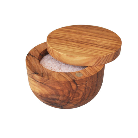 Naturally Med olive wood salt keeper exterior shows warm grain and handcrafted quality.