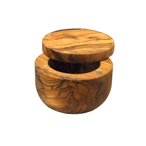 Naturally Med olive wood salt keeper in a table setting for salt or sugar service.