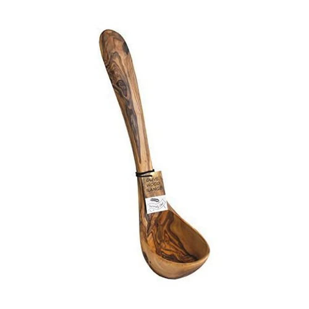 Naturally Med olive wood soup ladle with natural grain, ideal for serving soups.