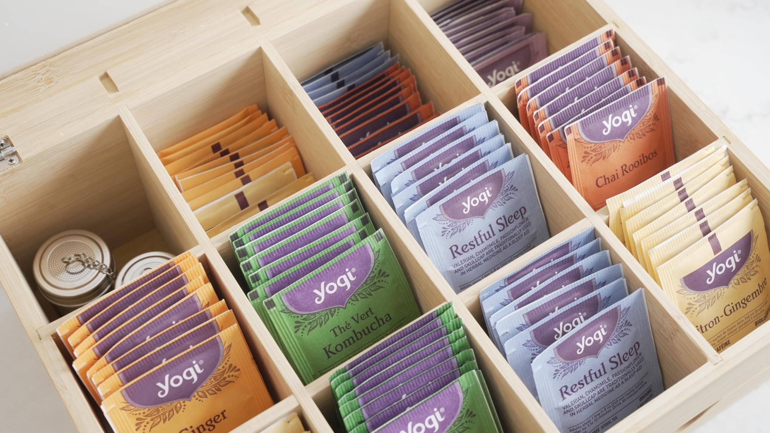 Naturustic box shows clear acrylic view for browsing teas without opening.