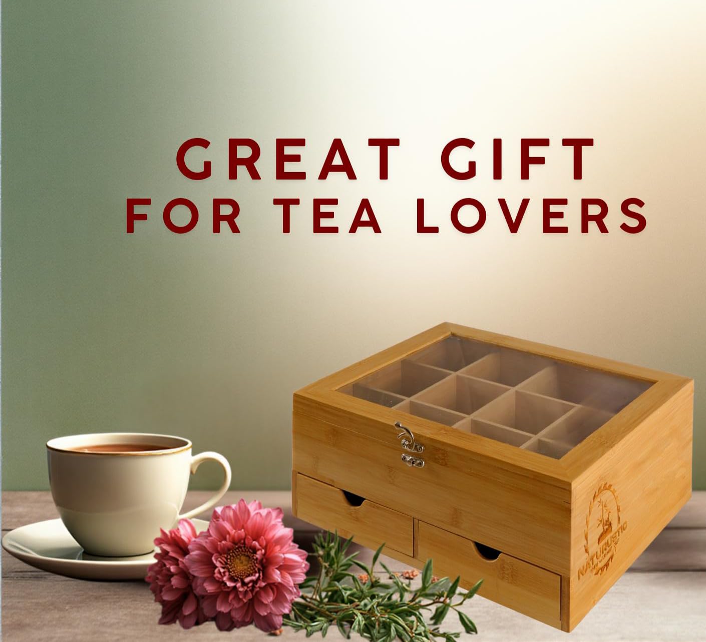 Naturustic tea box includes durable components and eco-friendly design.
