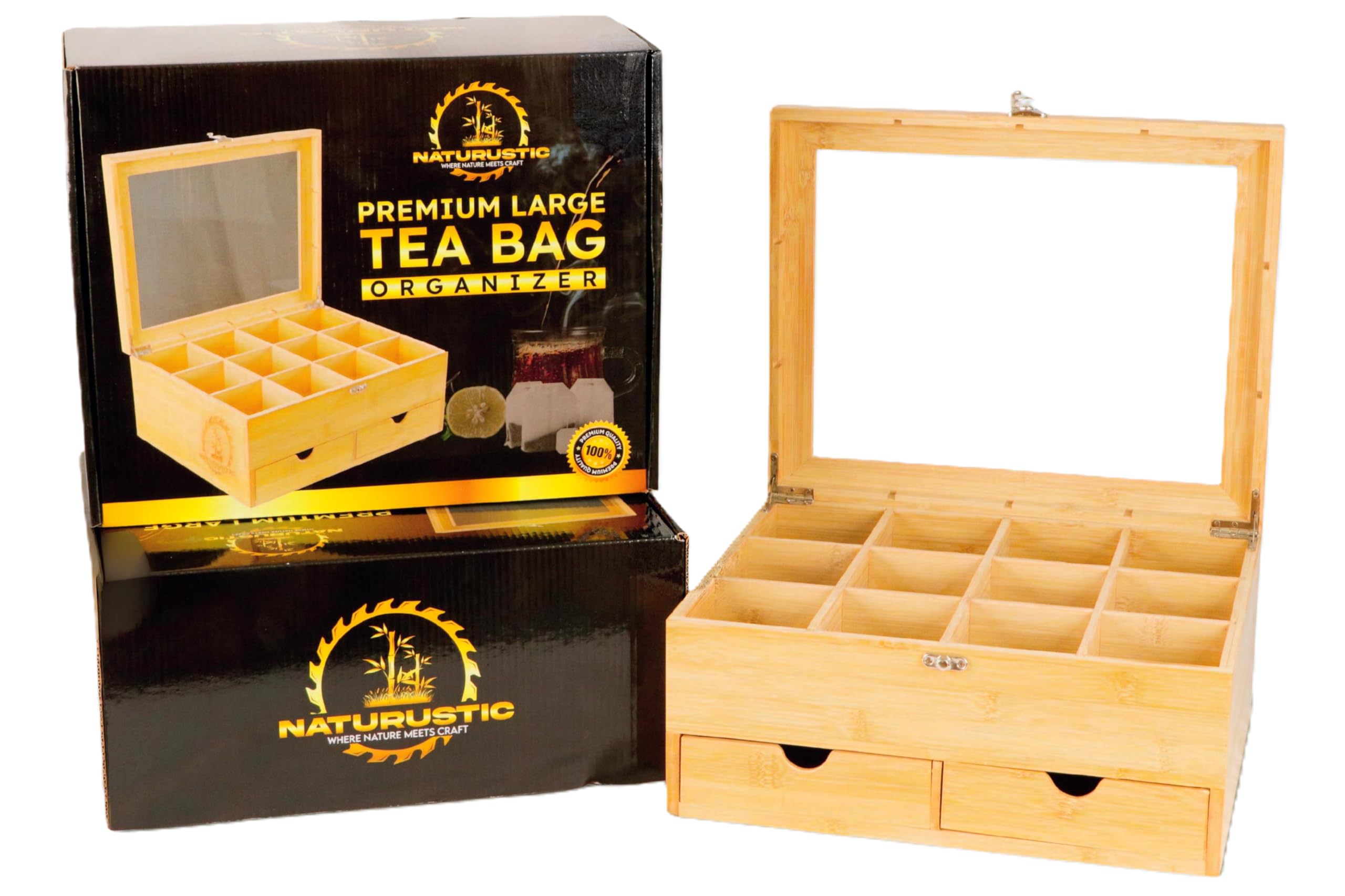 Naturustic bamboo tea box with acrylic window lid for quick tea selection.