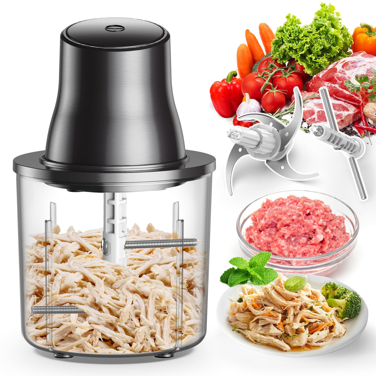 NAUQUOHZ 2-in-1 electric chicken shredder in action for quick meal prep