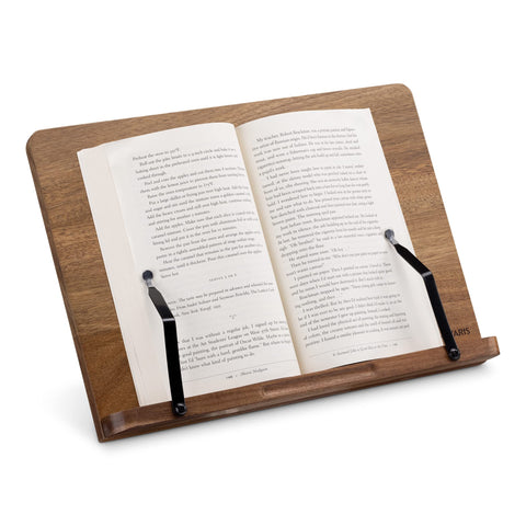 Navaris wooden book stand with acacia finish holds recipes hands-free.