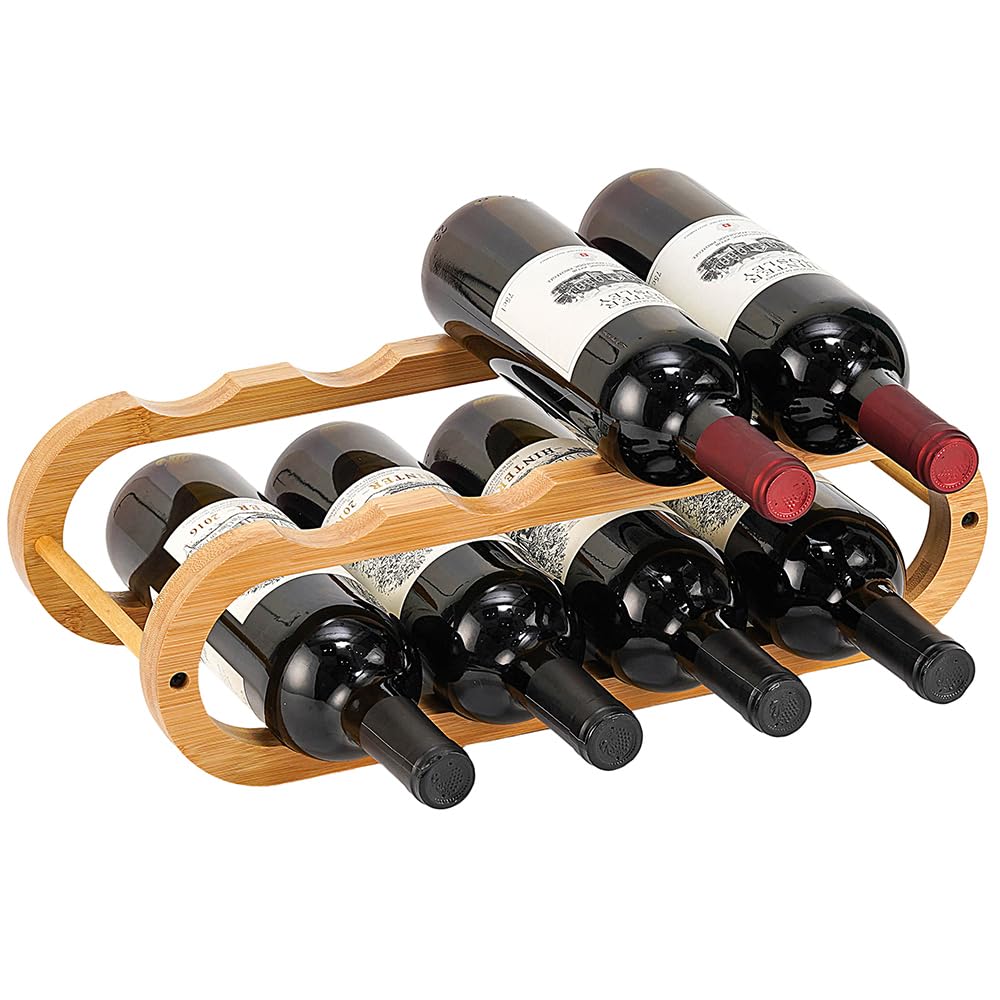 Navtcow bamboo wine rack 2-tier on the counter keeps bottles neatly organized.