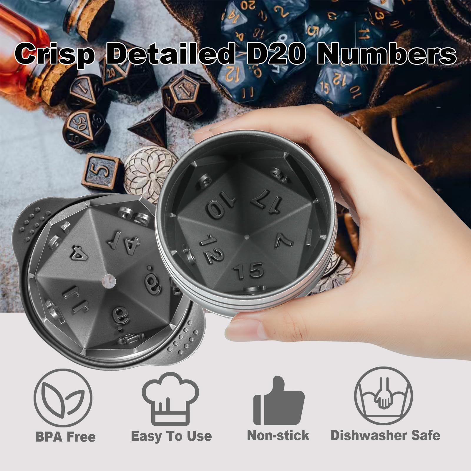Nax Caki D20 Dice Ice Mold enhances D&D nights with themed ice dice.
