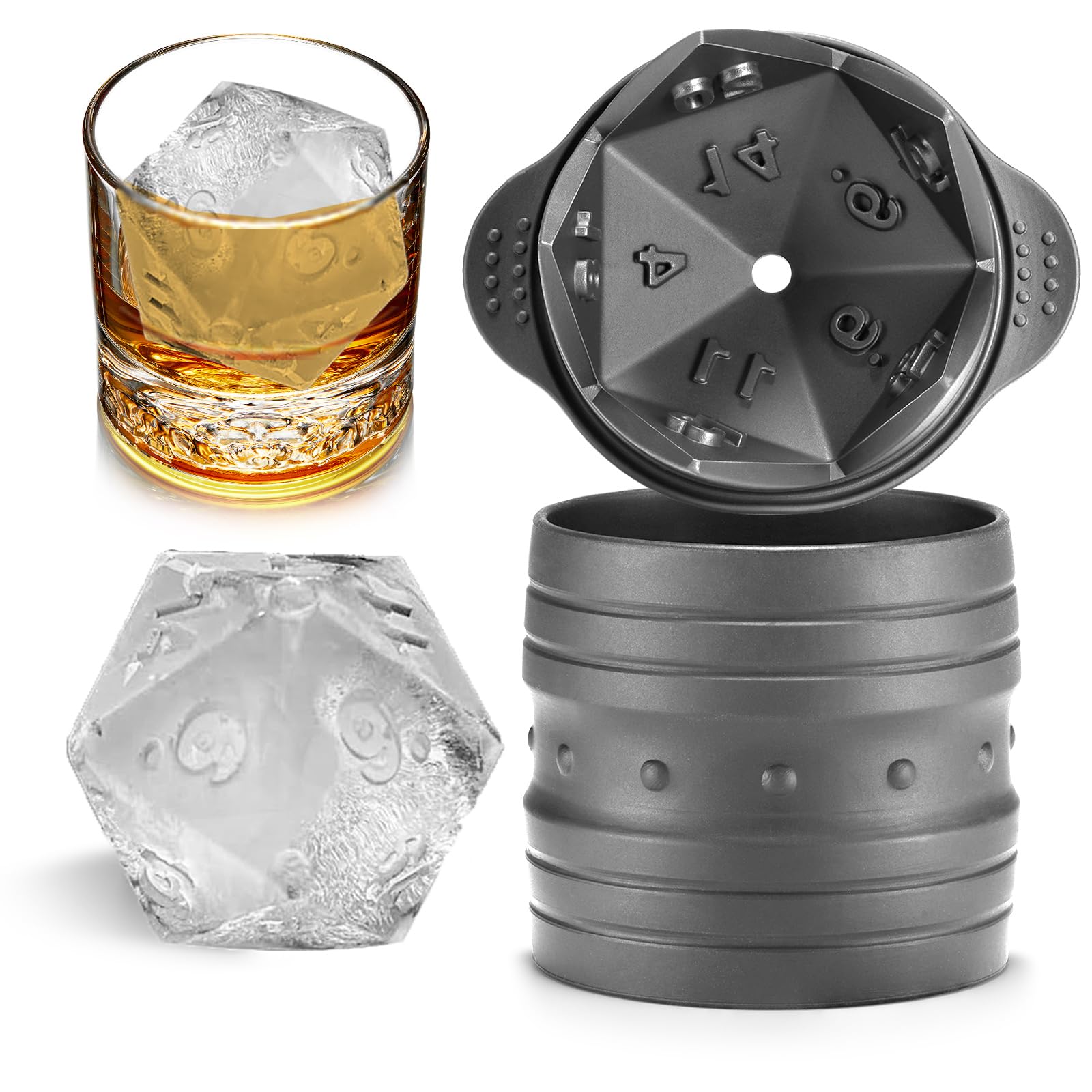 Nax Caki D20 Dice Ice Mold creates large slow-melting ice cubes for cocktails.