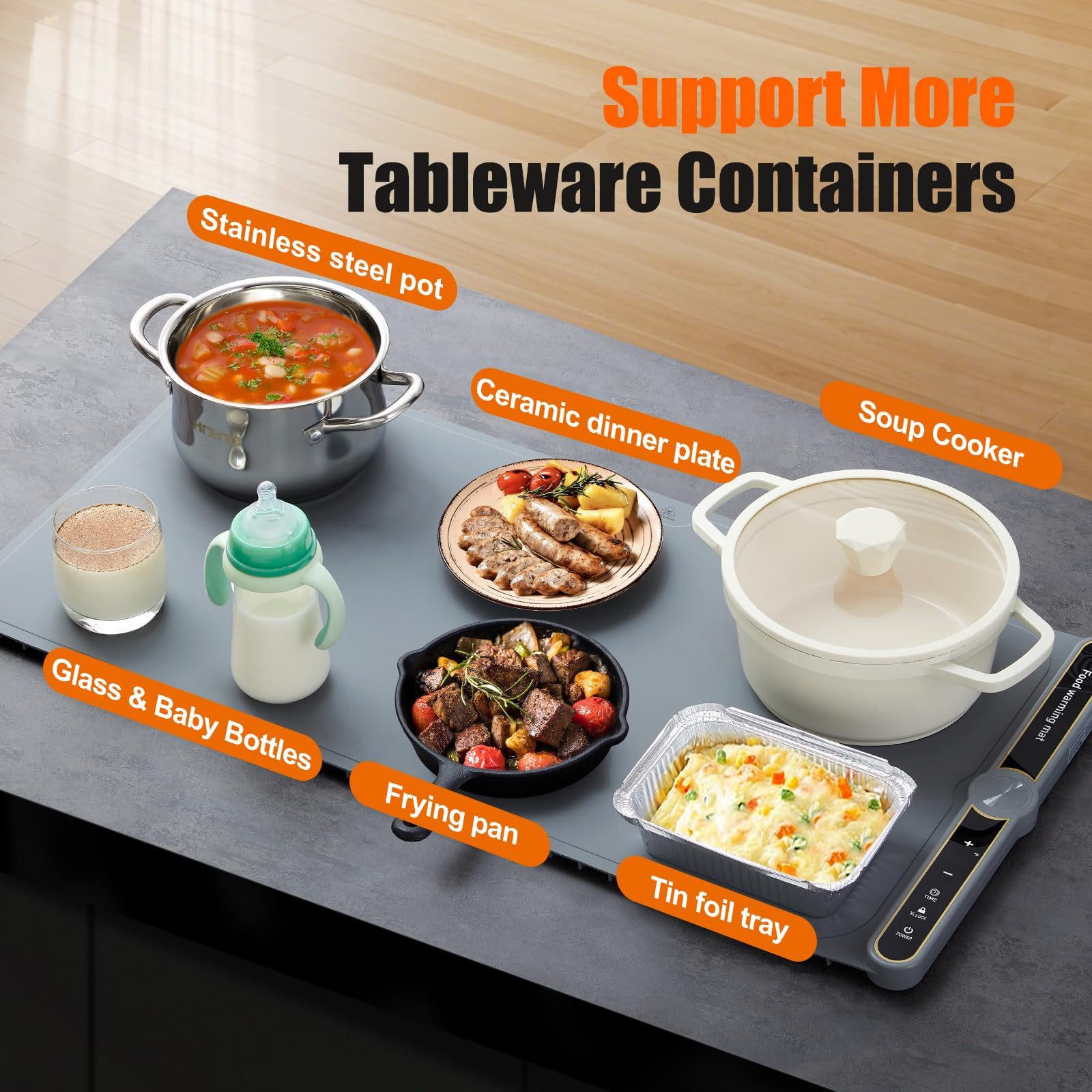 NAXBEY warming mat works on heat-resistant surfaces like stainless steel.