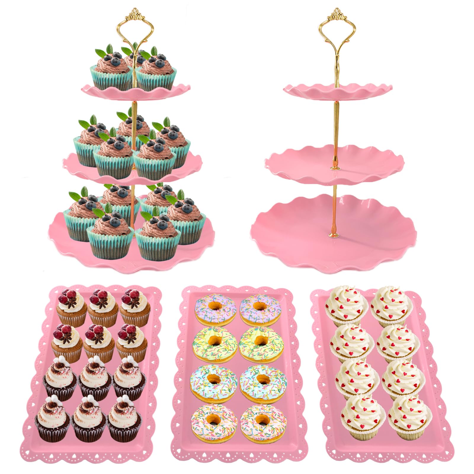 NAXIHOPT pink 3-tier cupcake stand for elegant tea party desserts.