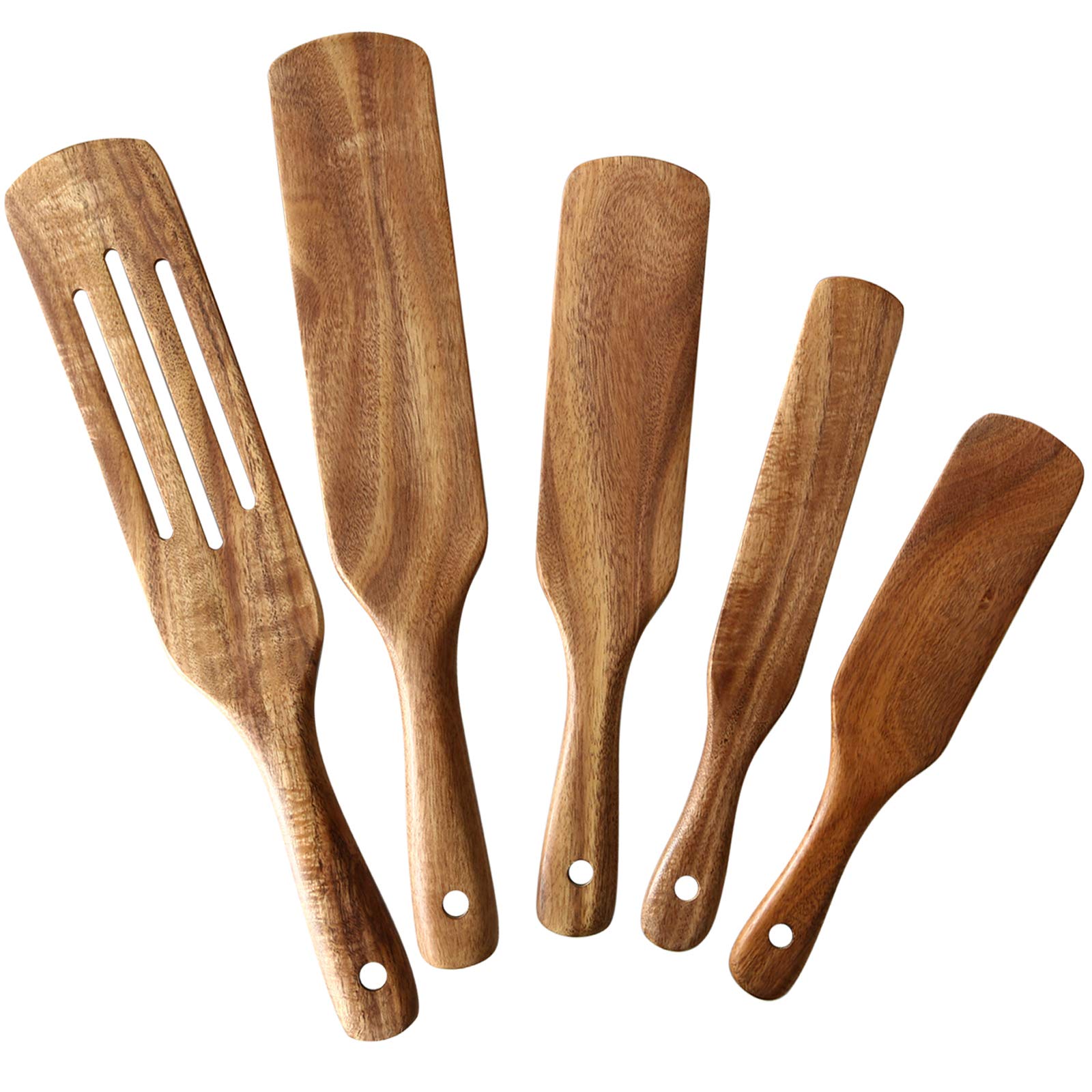 NAYAHOSE teak spurtle set, five-piece collection for versatile stirring and serving.