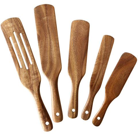 NAYAHOSE teak spurtle set, five-piece collection for versatile stirring and serving.
