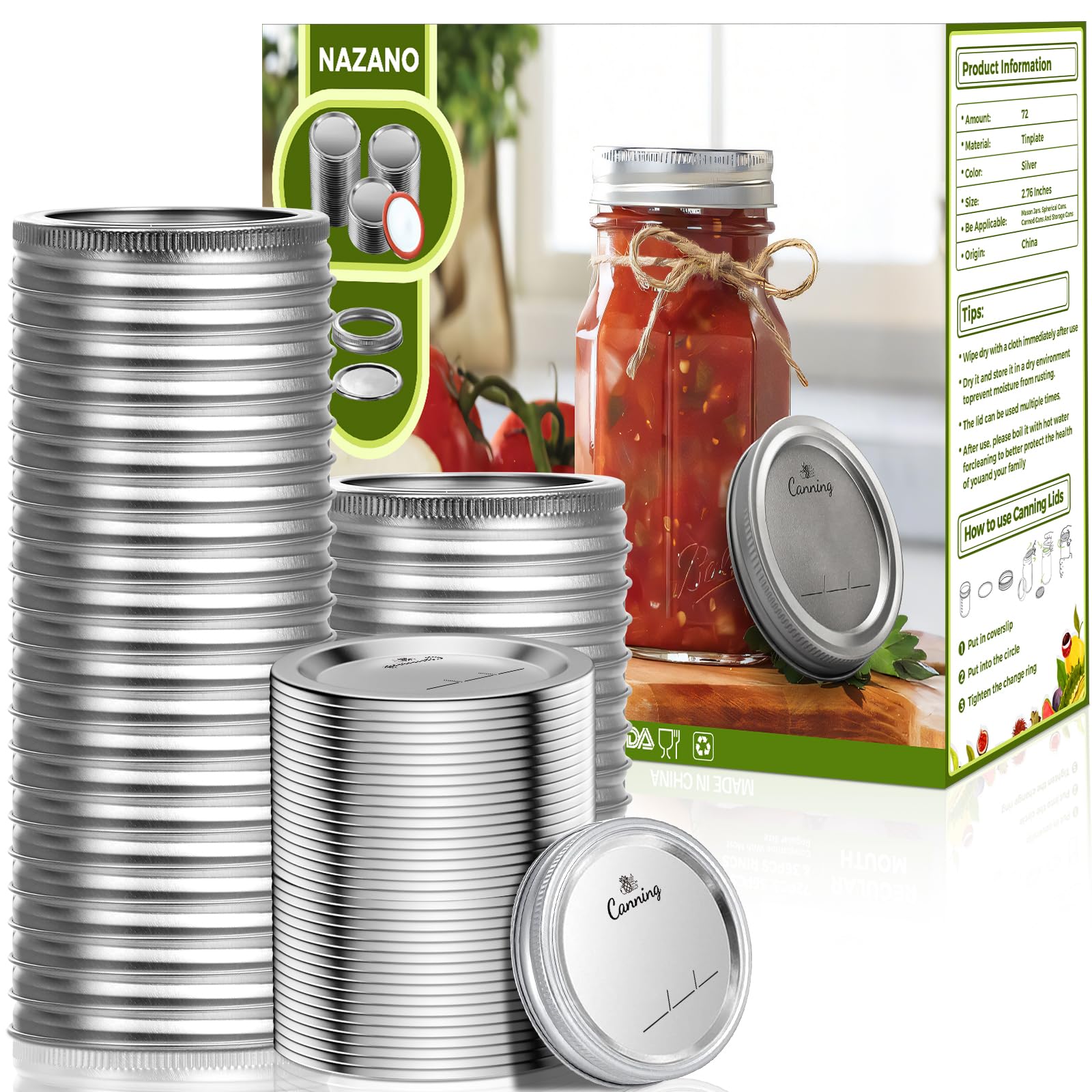Nazano 72-pcs regular-mouth canning lids with rings provide airtight storage