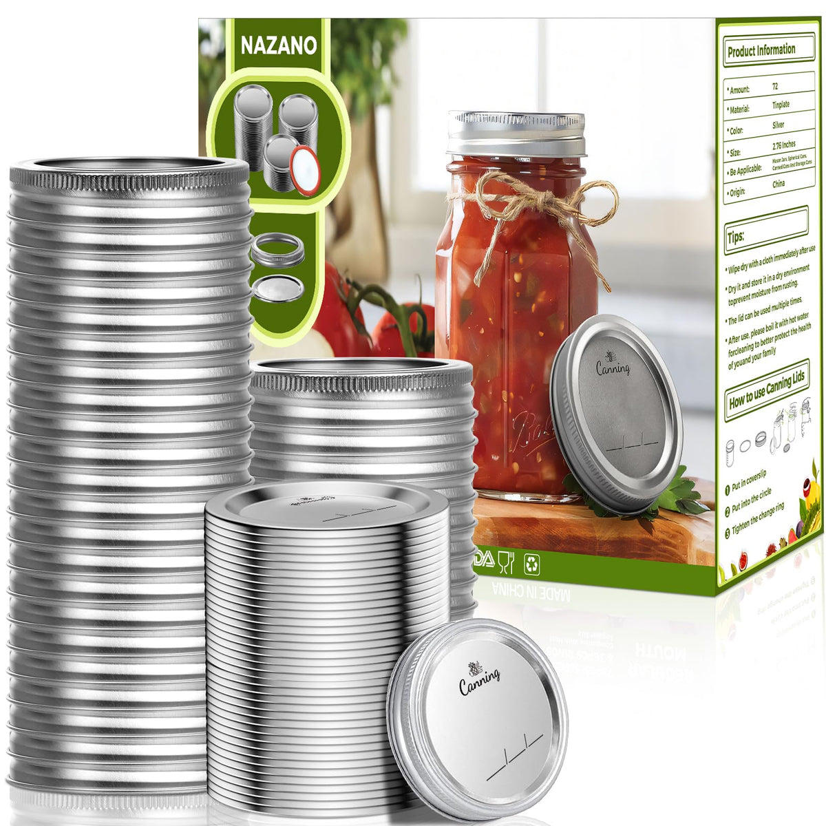 Nazano 72-pcs regular-mouth canning lids with rings provide airtight storage