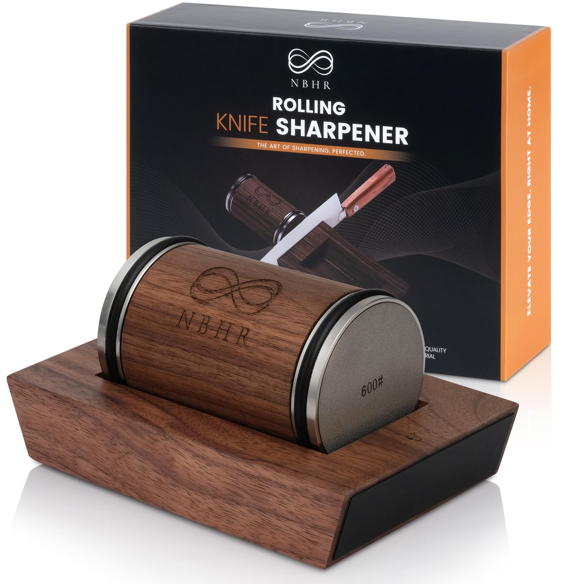 NBHR rolling knife sharpener base on walnut platform delivers stable sharpening.